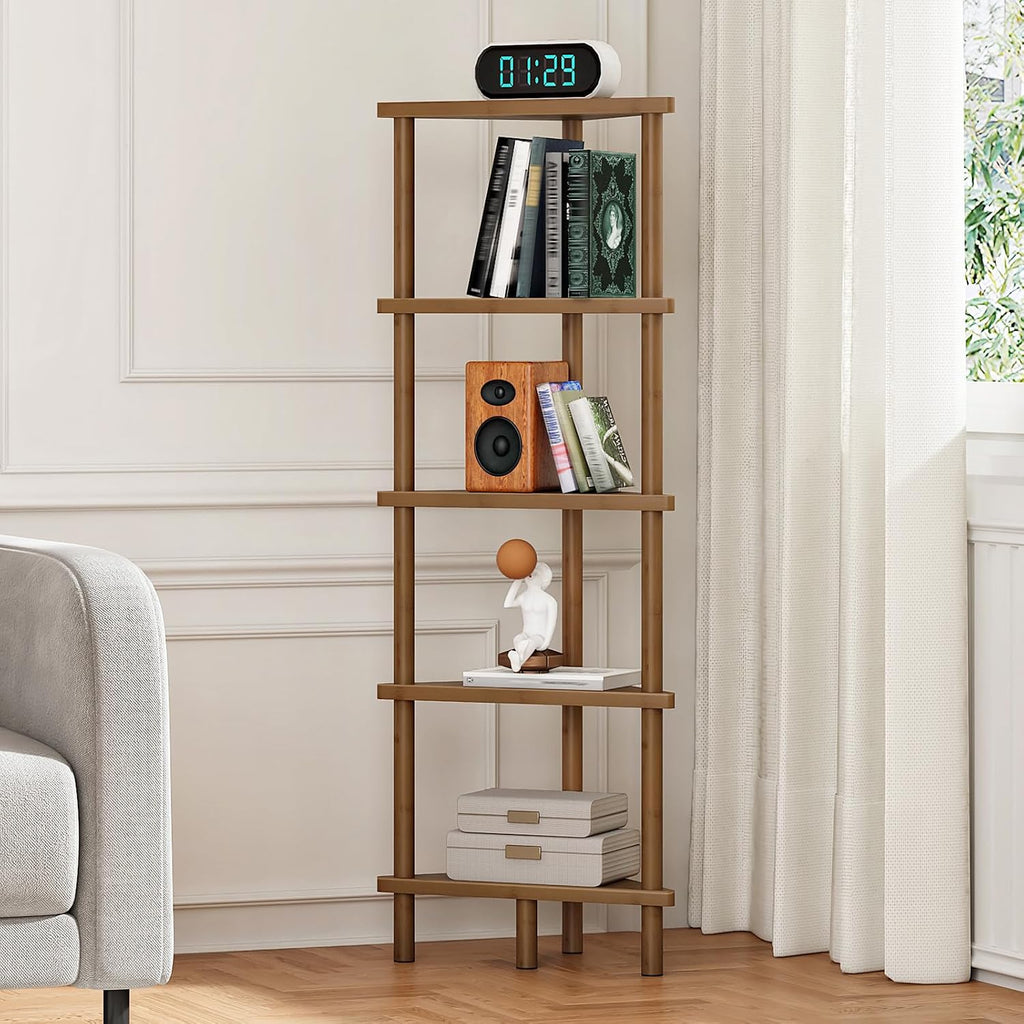 5-Tier Mocha Bamboo Corner Bookshelf Plant Stand
