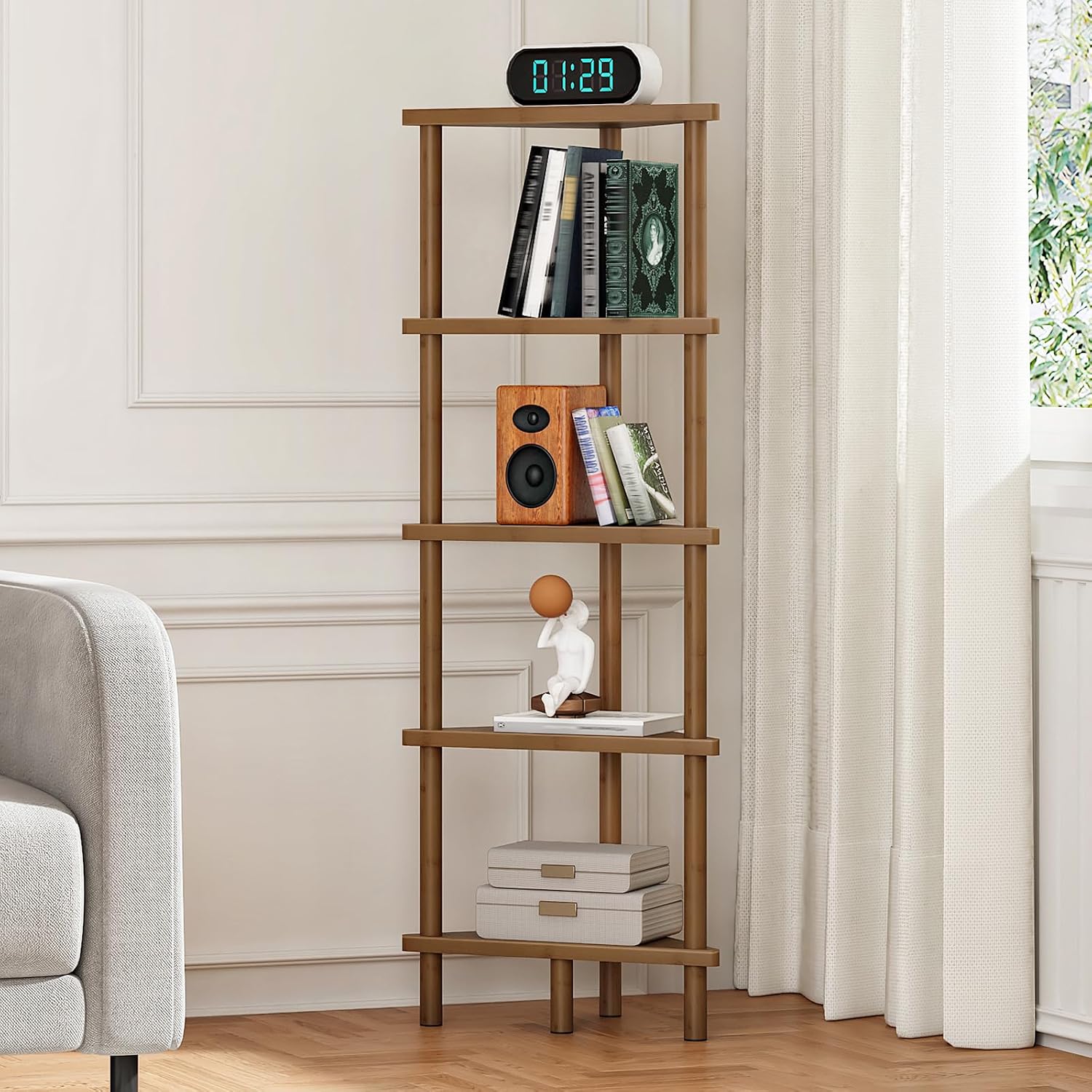 5-Tier Mocha Bamboo Corner Bookshelf Plant Stand