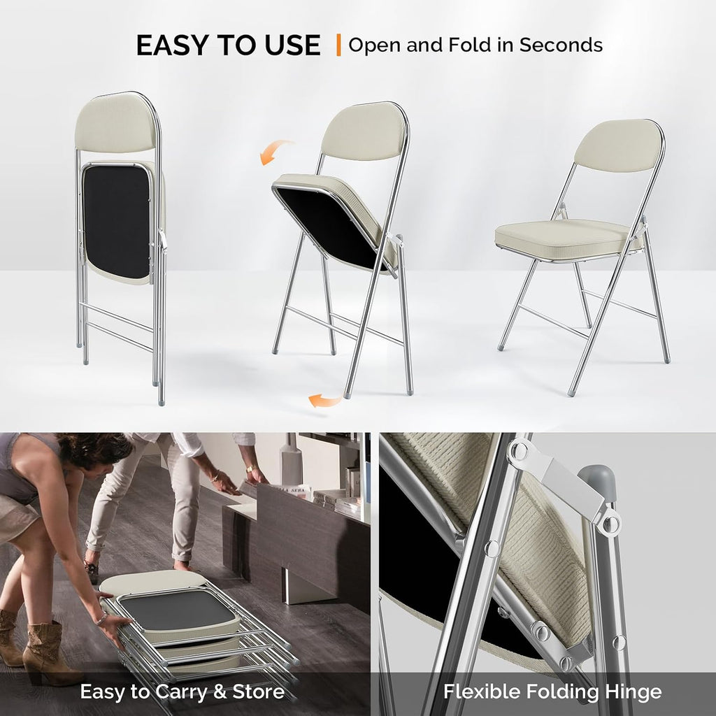 1-Pack Off-White Corduroy Metal Folding Chair