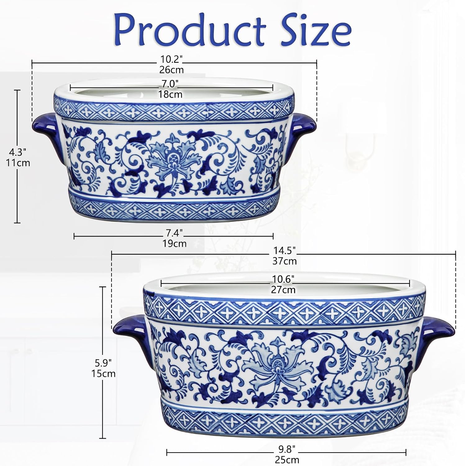 7.4"+10.6" Chinoiserie Blue White Ceramic Planter, No Drainage