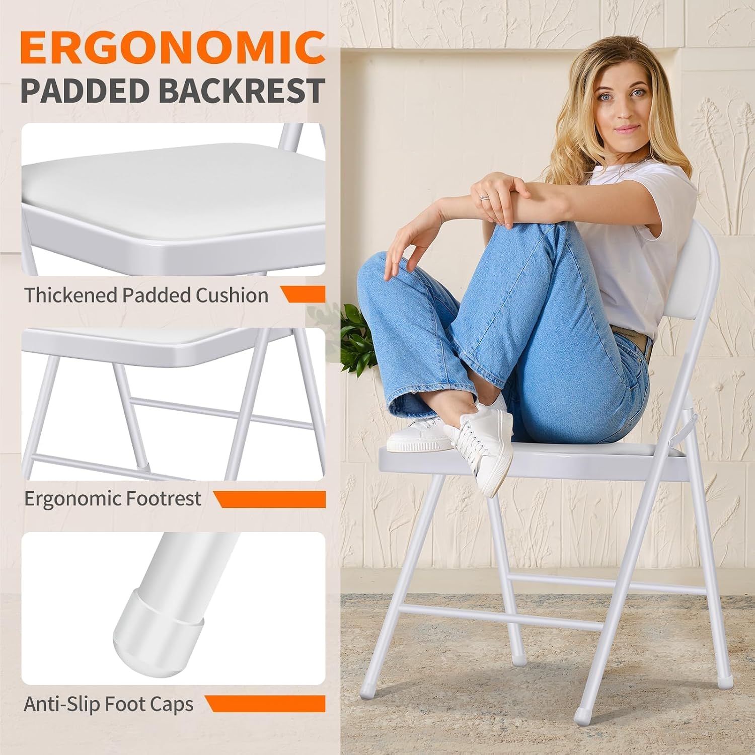 1-Pack White Padded Folding Chair