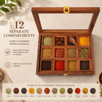 12 Compartment Wooden Masala Dabba with Glass Lid