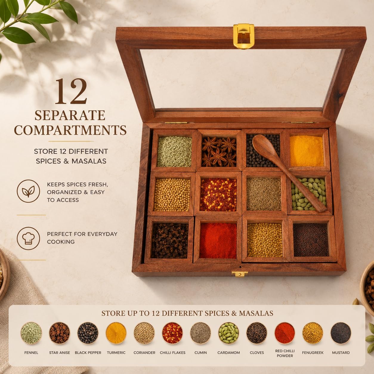 12 Compartment Wooden Masala Dabba with Glass Lid