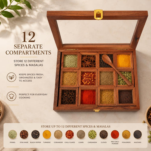 12 Compartment Wooden Masala Dabba with Glass Lid