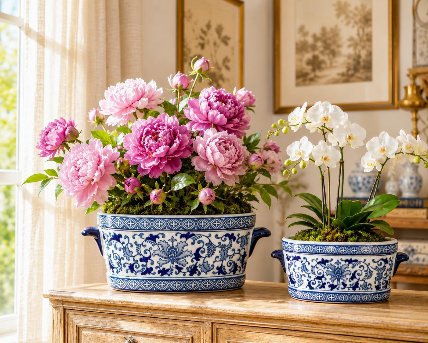 7.4"+10.6" Chinoiserie Blue White Ceramic Planter, No Drainage