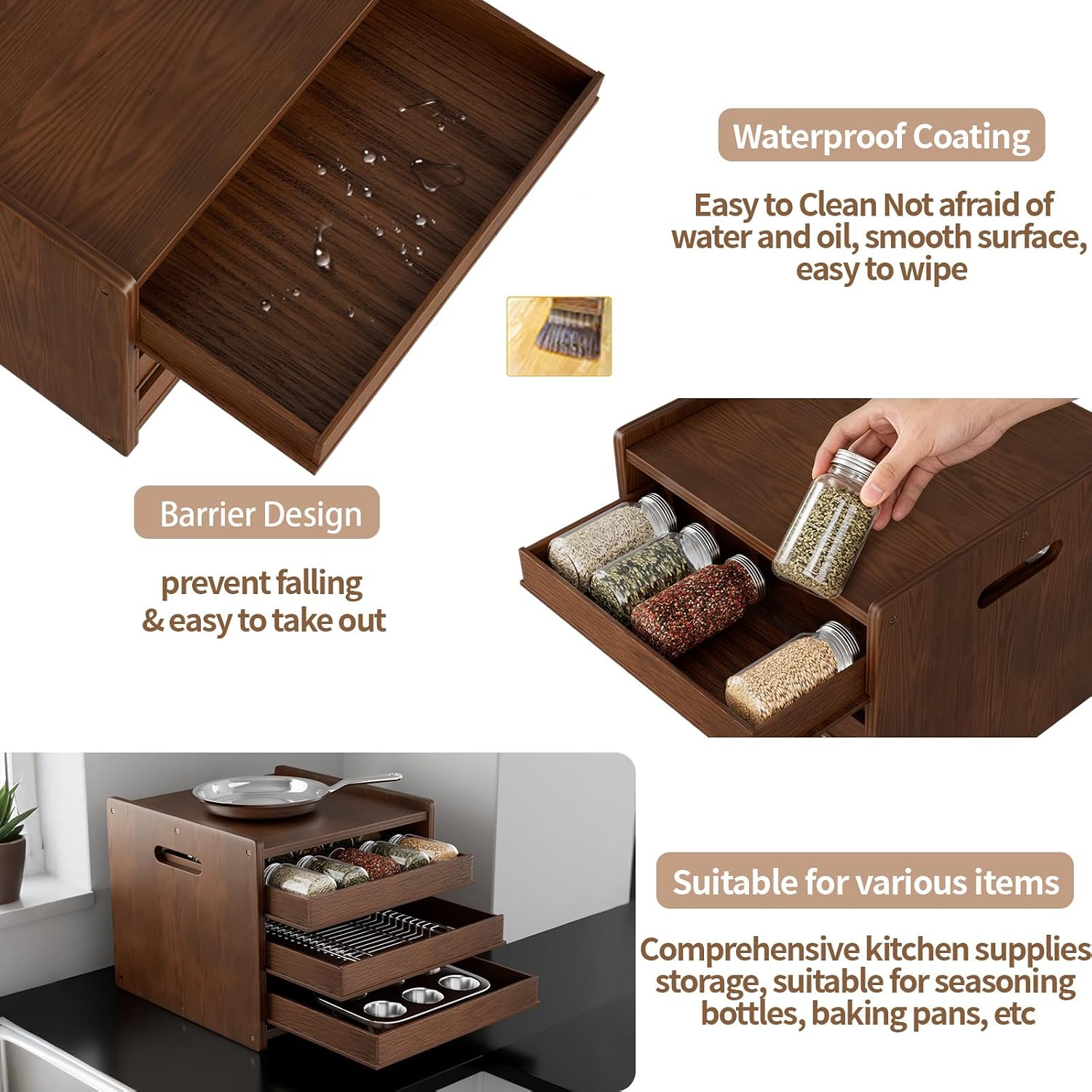 4-Tier Wooden Pull Out Spice Rack with Dividers
