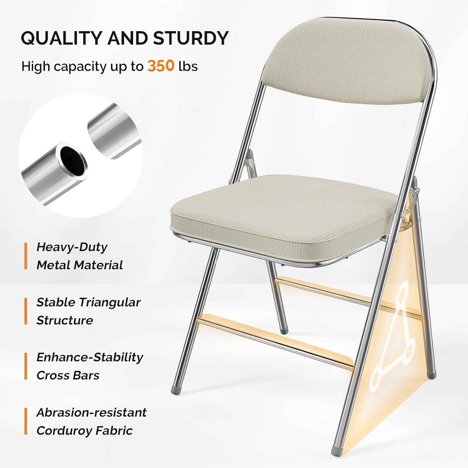 1-Pack Off-White Corduroy Metal Folding Chair