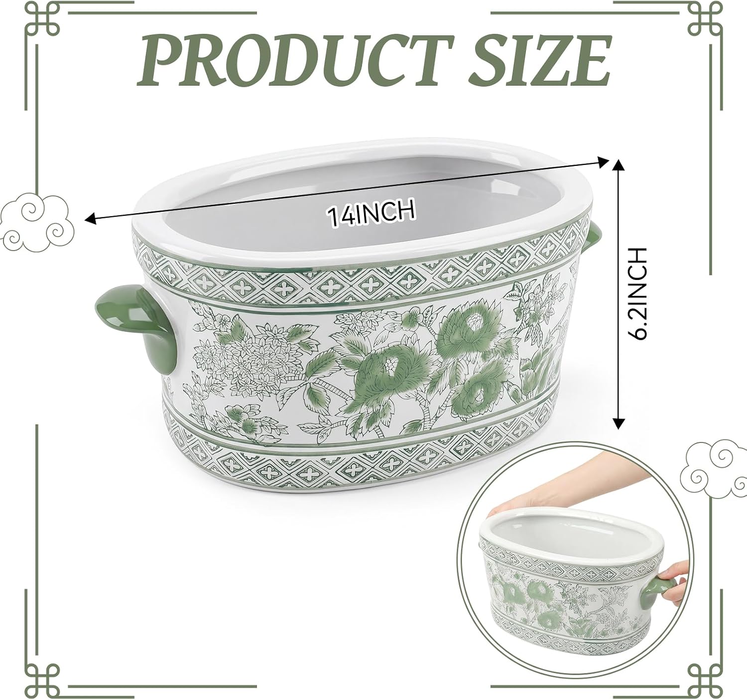 Green White Chinoiserie Peony Planter