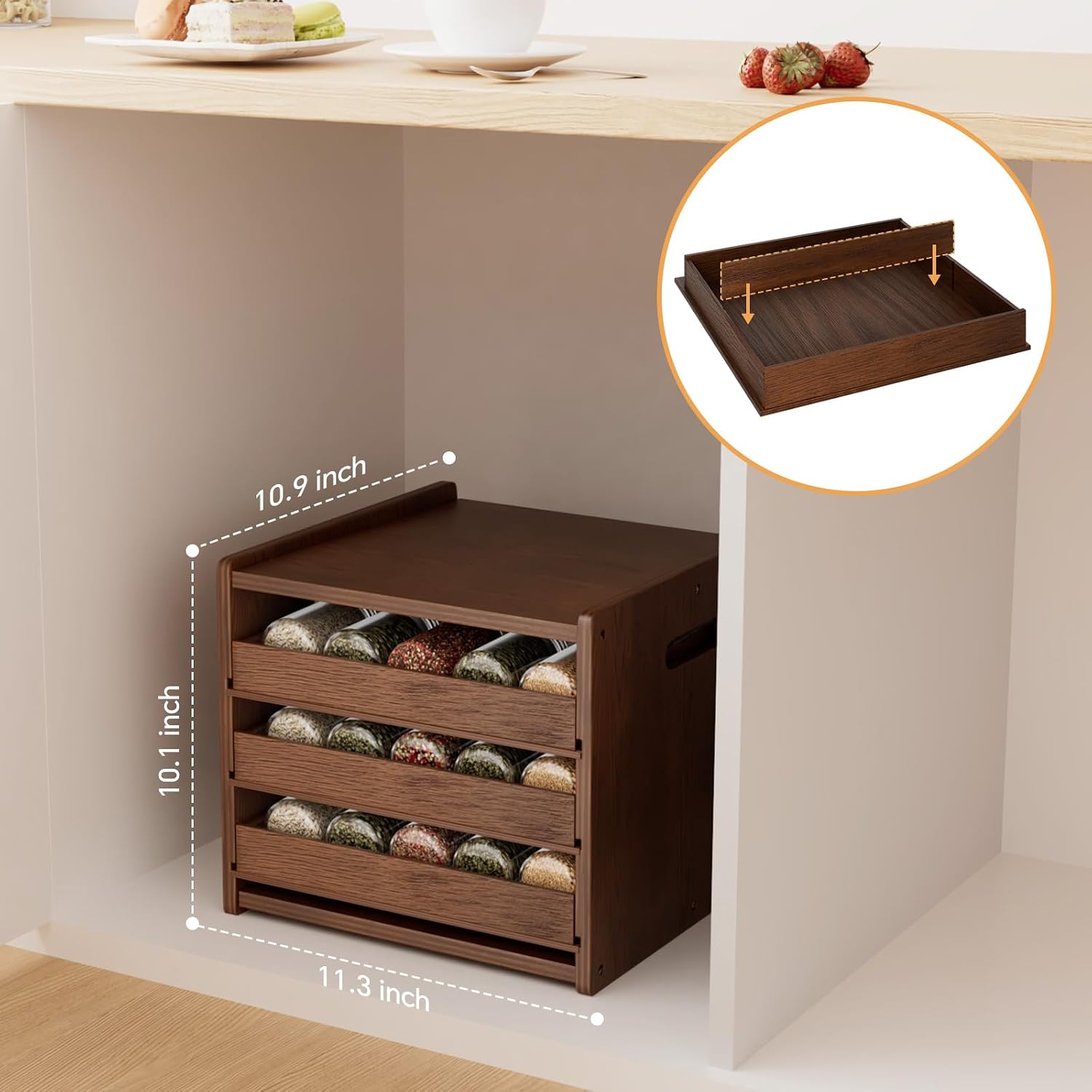 4-Tier Wooden Pull Out Spice Rack with Dividers