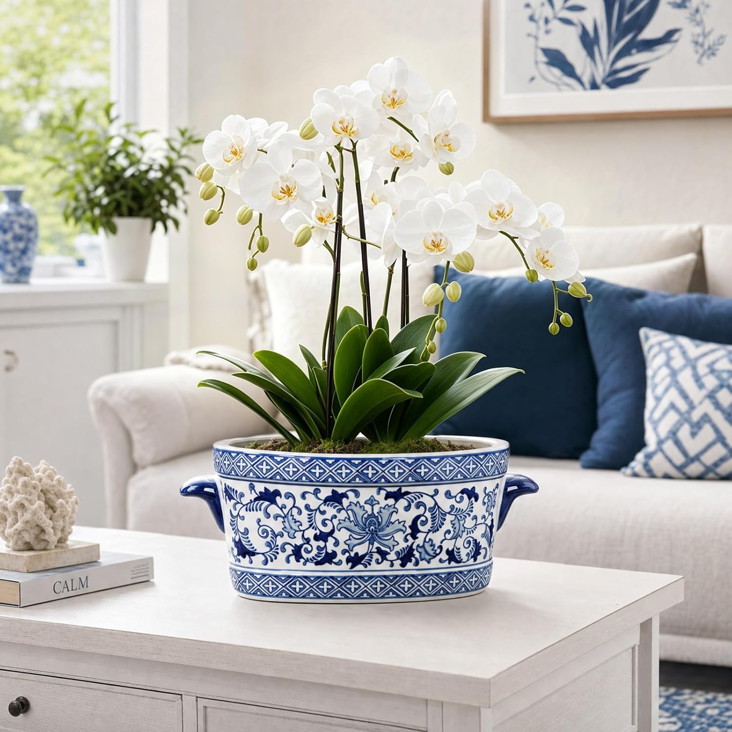 7.4"+10.6" Chinoiserie Blue White Ceramic Planter, No Drainage