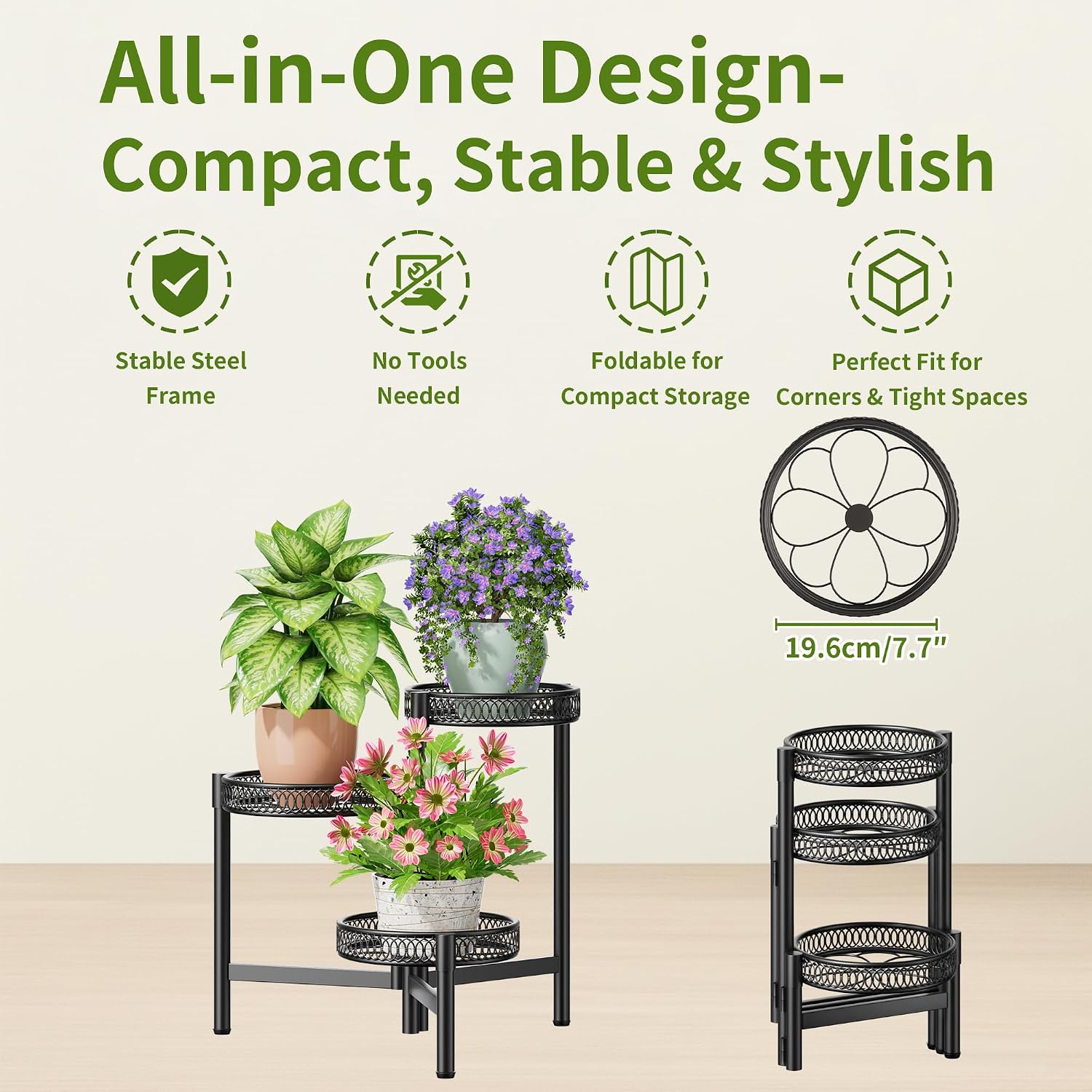 3-Tier Foldable Black Metal Corner Plant Stand