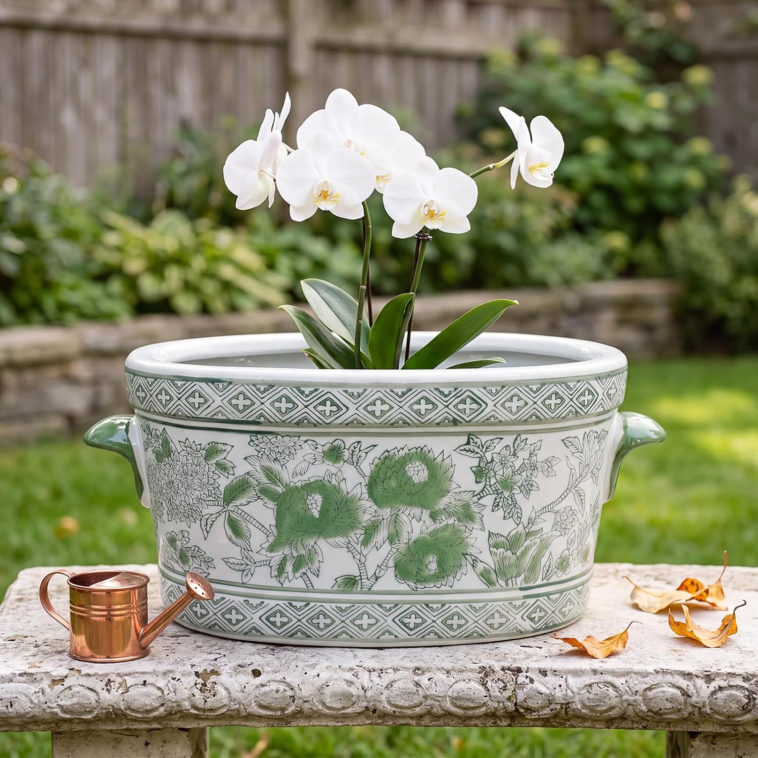Green White Chinoiserie Peony Planter