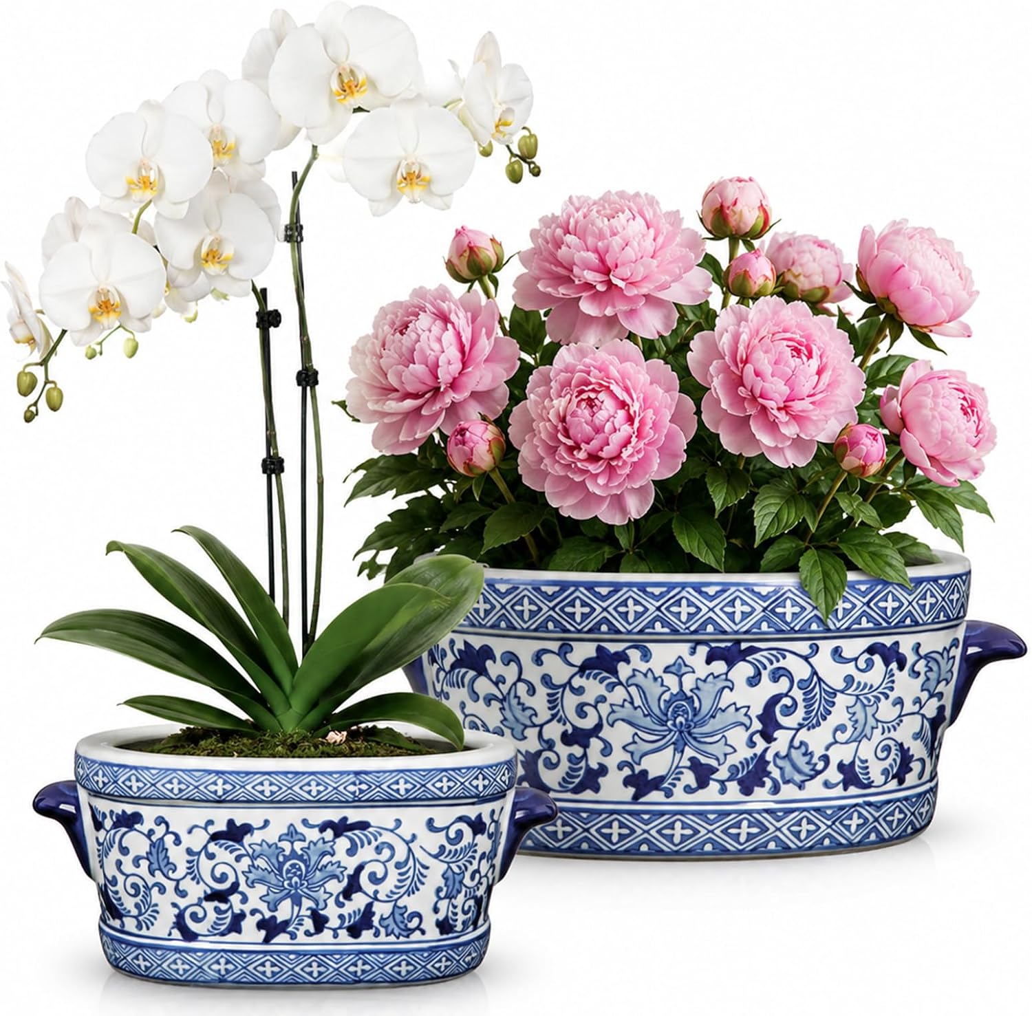 7.4"+10.6" Chinoiserie Blue White Ceramic Planter, No Drainage