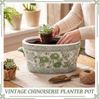 Green White Chinoiserie Peony Planter