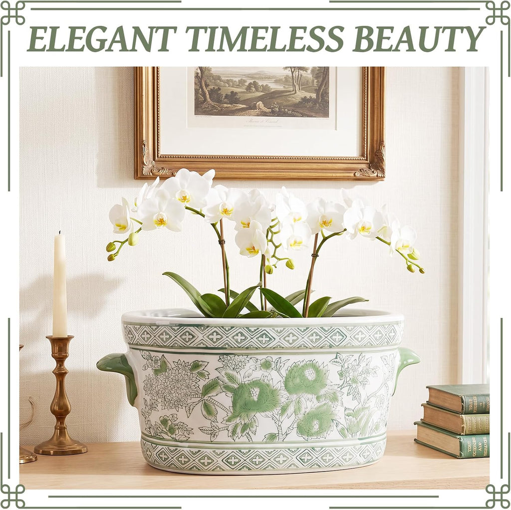 Green White Chinoiserie Peony Planter