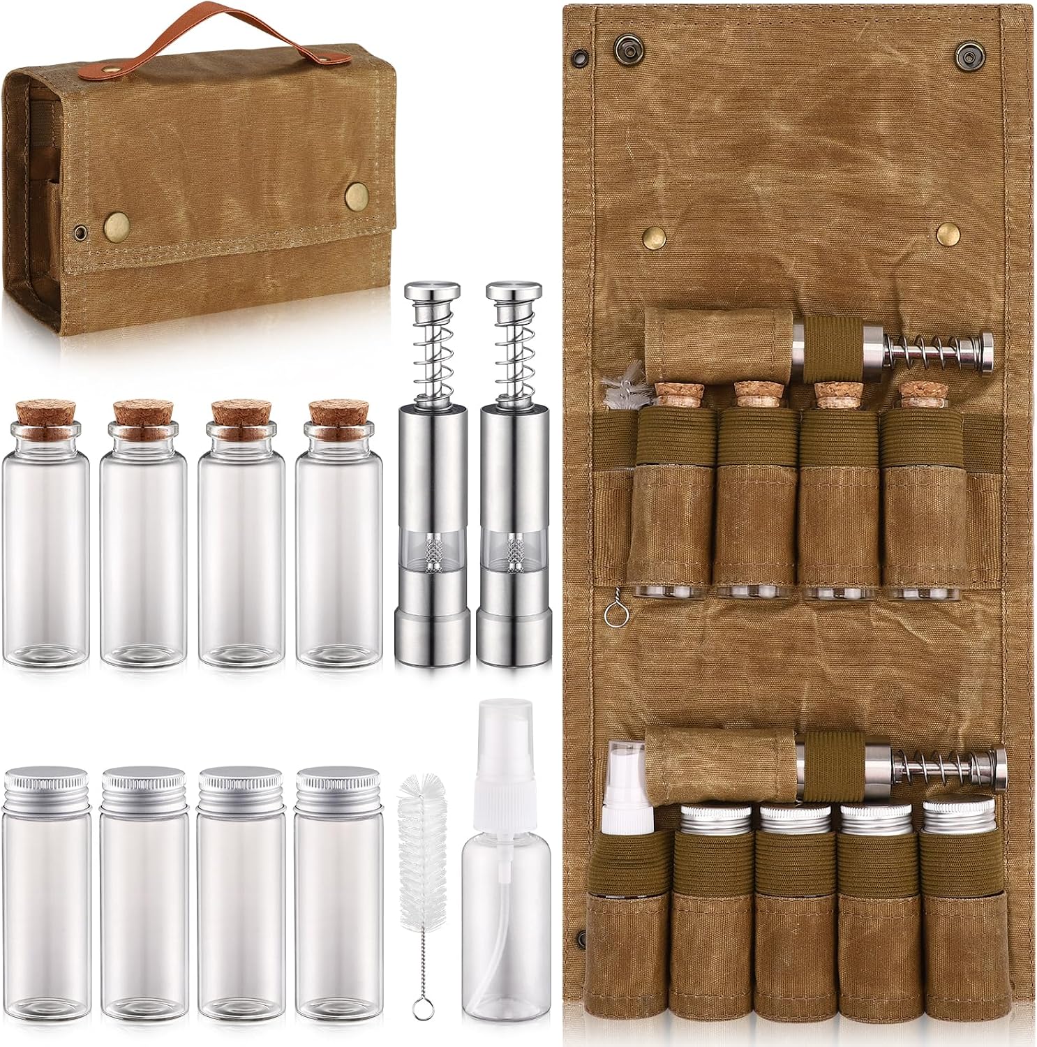 8-Jar Khaki Portable Camping Spice Bag