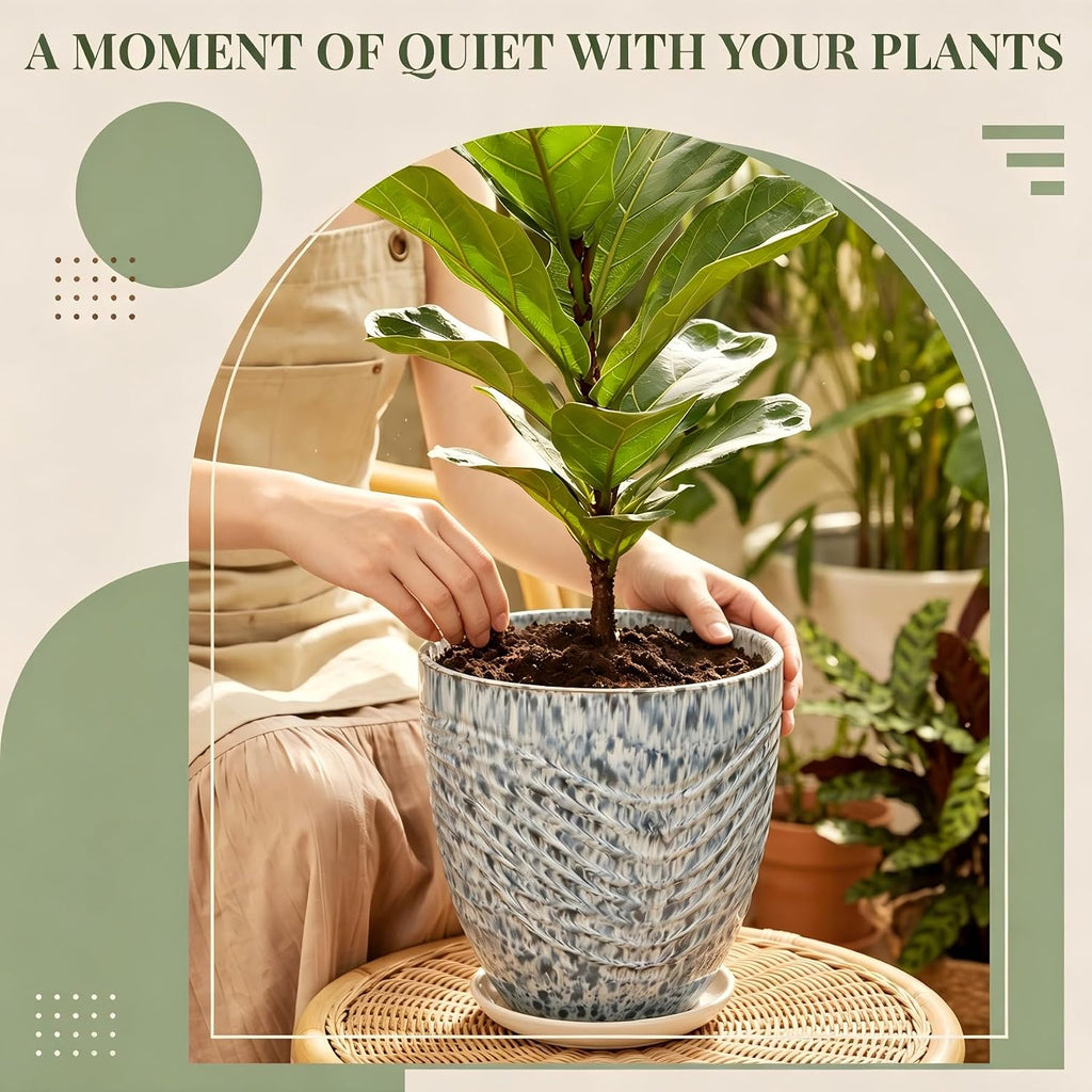 9.5" Spotted Blue Ceramic Planter with Saucer