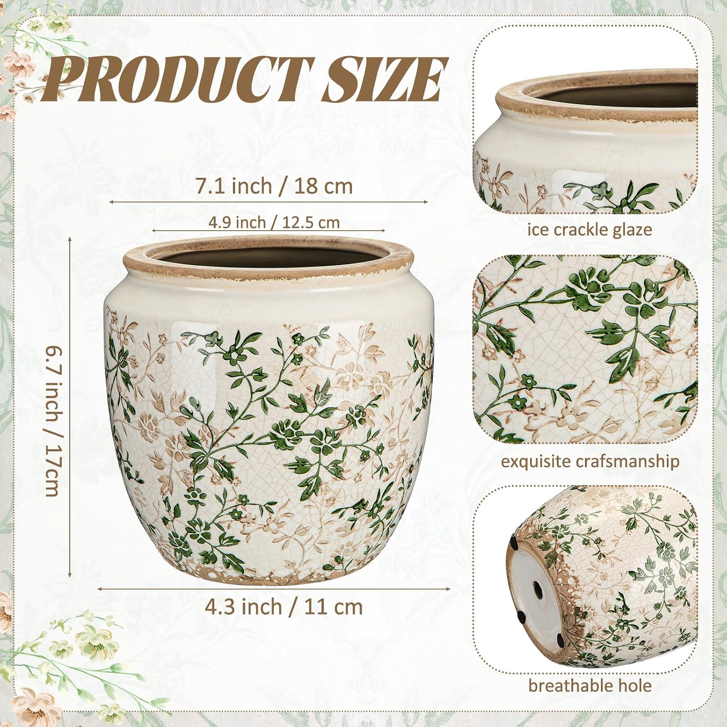 7" Ice Crackle Ceramic Planter with Drainage