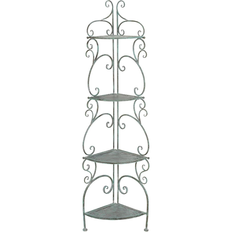 4-Tier Wrought Iron Corner Shelf, Antique Dark Green