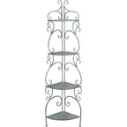 4-Tier Wrought Iron Corner Shelf, Antique Dark Green
