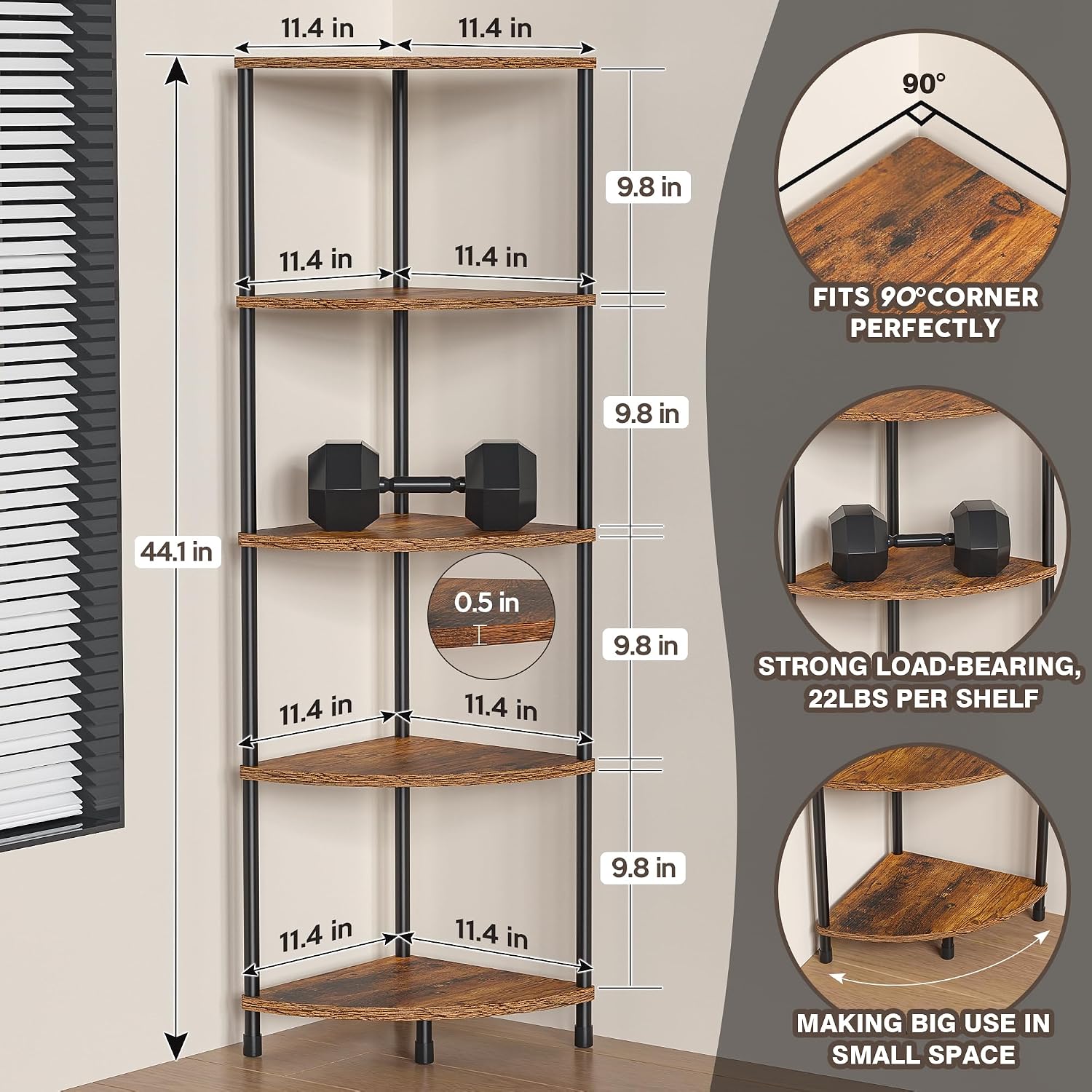 5 Tier Corner Shelf Stand, 44.1", Rustic Brown