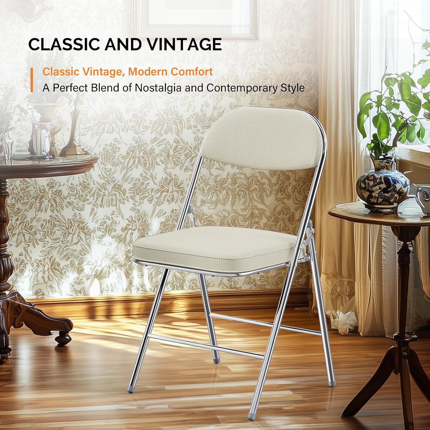 1-Pack Off-White Corduroy Metal Folding Chair