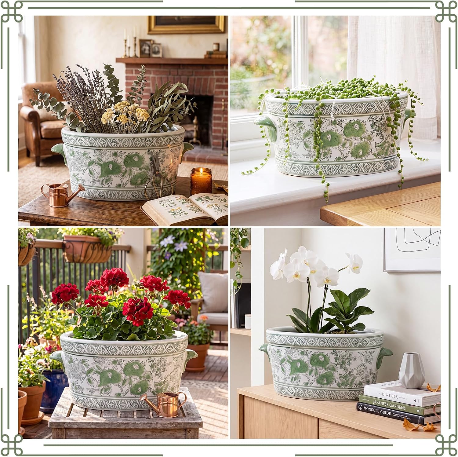 Green White Chinoiserie Peony Planter