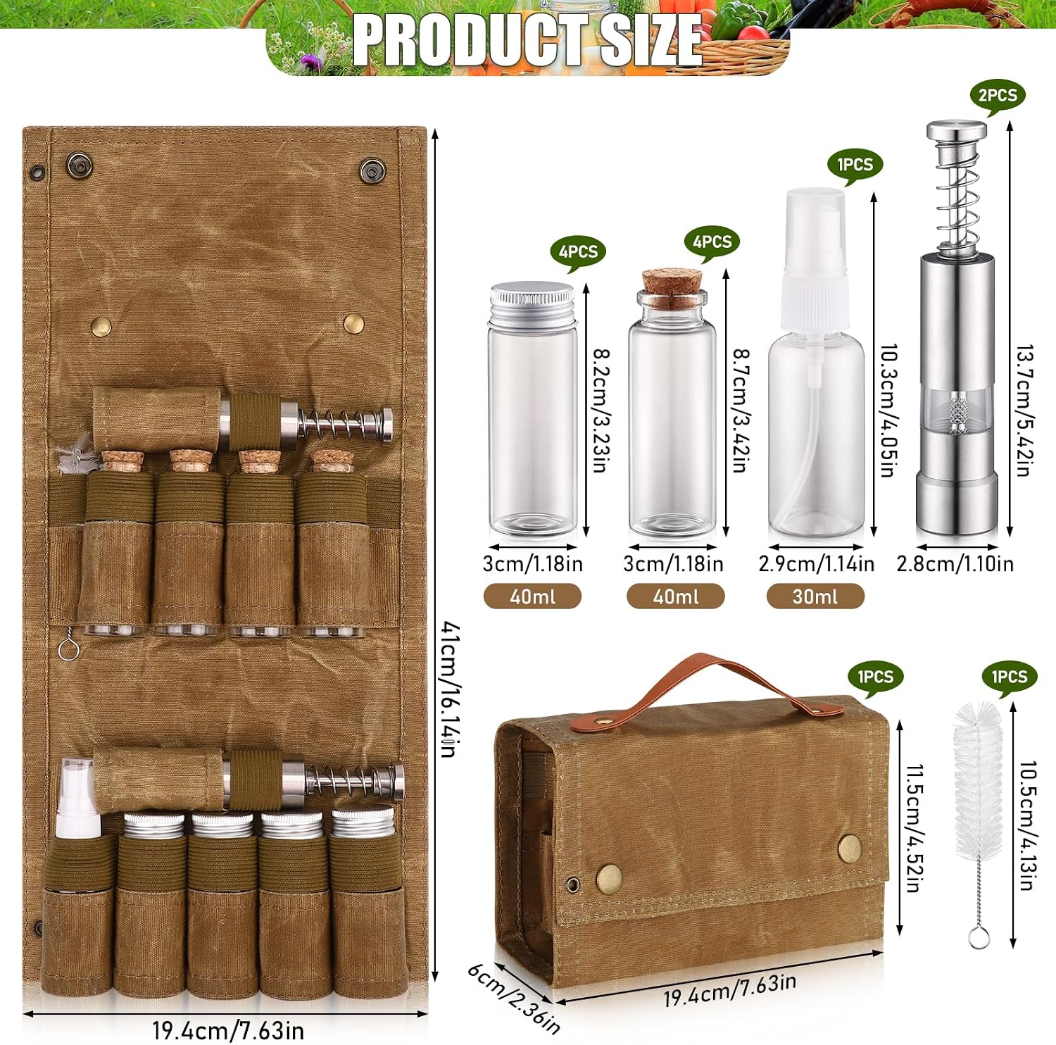 8-Jar Khaki Portable Camping Spice Bag