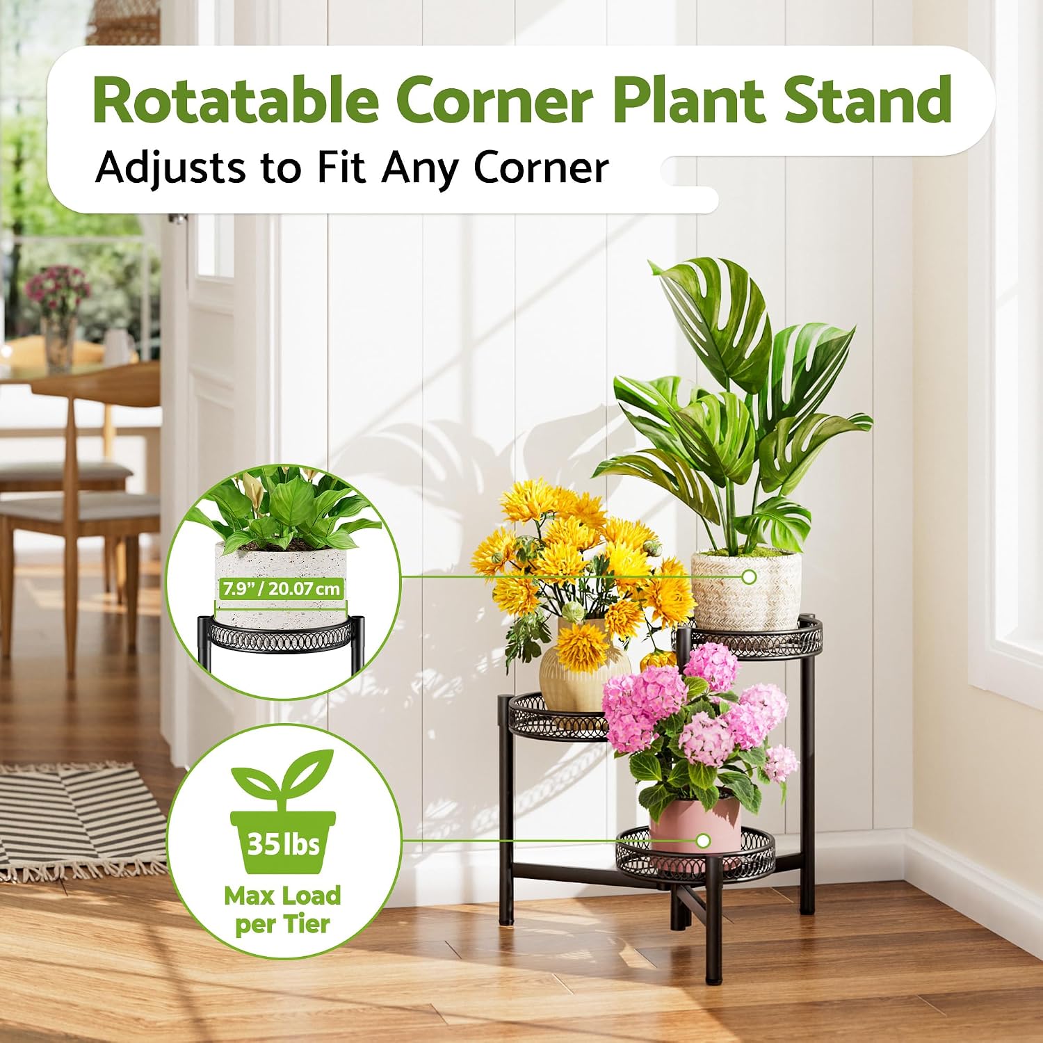 3-Tier Foldable Black Metal Corner Plant Stand