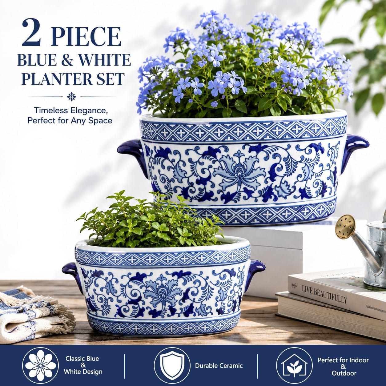7.4"+10.6" Chinoiserie Blue White Ceramic Planter, No Drainage
