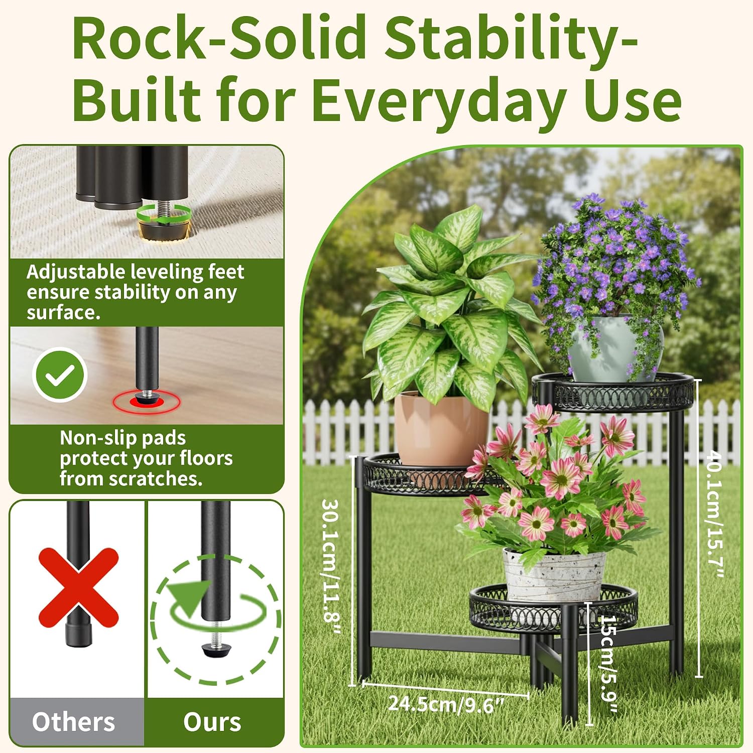 3-Tier Foldable Black Metal Corner Plant Stand