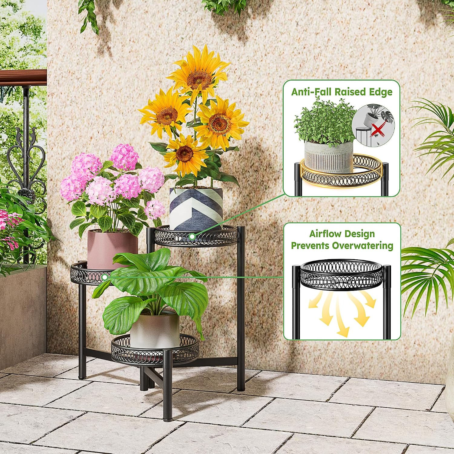 3-Tier Foldable Black Metal Corner Plant Stand