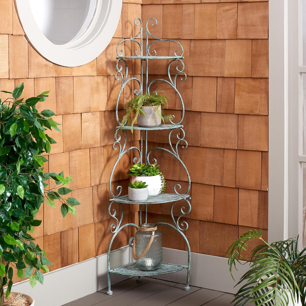 4-Tier Wrought Iron Corner Shelf, Antique Dark Green