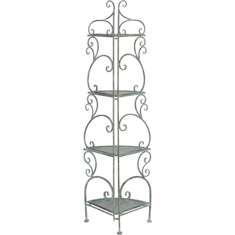 4-Tier Wrought Iron Corner Shelf, Antique Dark Green