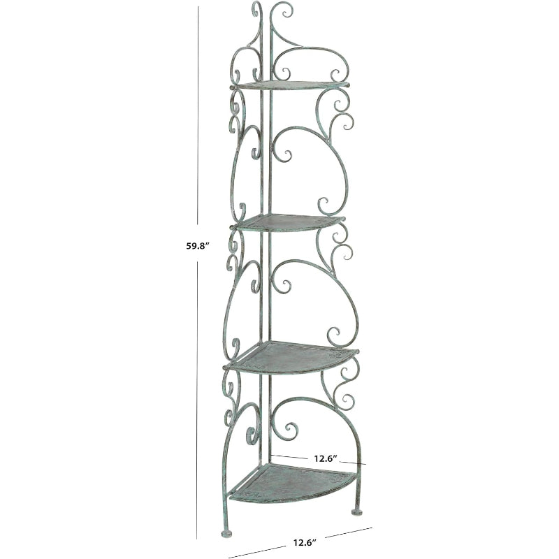 4-Tier Wrought Iron Corner Shelf, Antique Dark Green